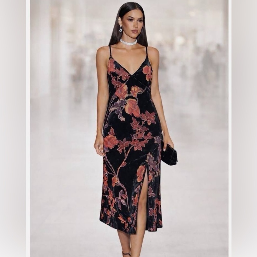 Rachel Zoe Black Midi Slip Dress with Rust Floral Print